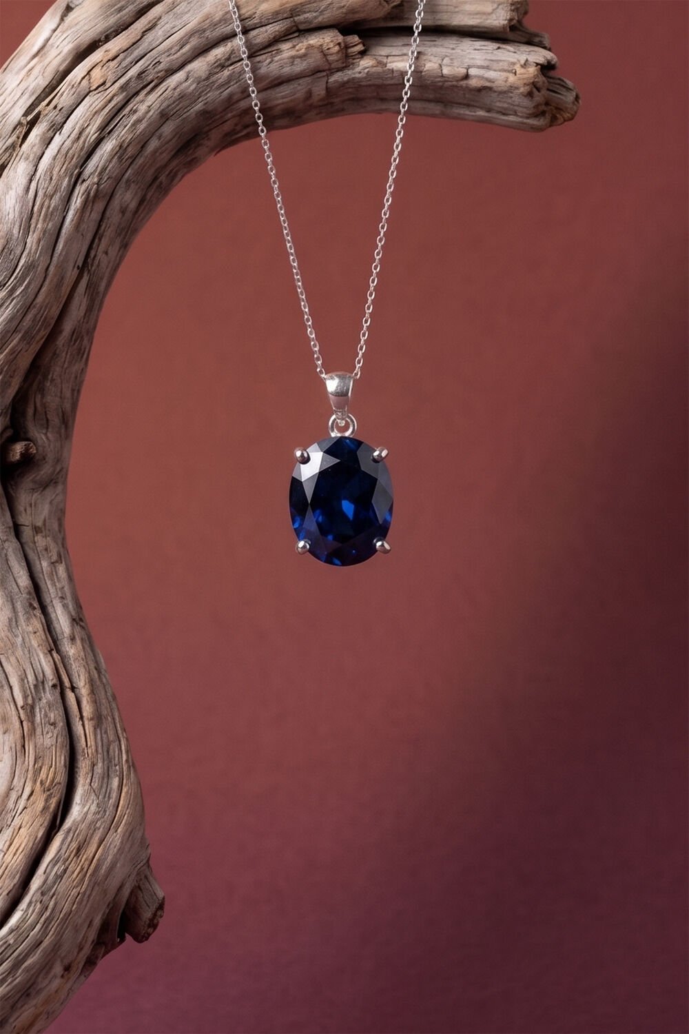 Tek Taş Model Safir Renk Zirkon Taşlı Gümüş Kadın Kolye