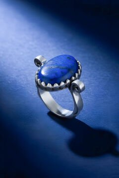 Sade Model Lapis Lazuli Taşlı El İşi Gümüş Yüzük 20 - Gümüş Rengi
