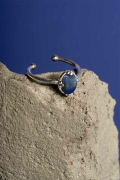 Lapis Lazuli Taşlı Minimal Gümüş Ayarlanabilir Kadın Yüzük Gümüş Rengi - 8
