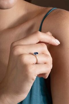 Lapis Lazuli Taşlı Minimal Gümüş Ayarlanabilir Kadın Yüzük Gümüş Rengi - 8