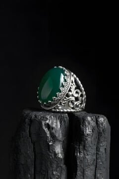 Har-ı Aşk Model El İşi Yeşil Akik Taşlı Gümüş Yüzük