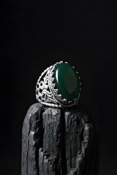 Har-ı Aşk Model El İşi Yeşil Akik Taşlı Gümüş Yüzük