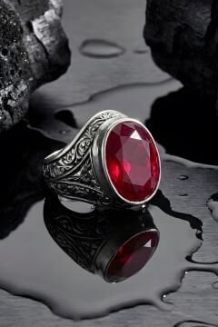 Erzurum Kalem İşçiliği Kalemkar Model Yakut Zirkon Taşlı Erkek Yüzük