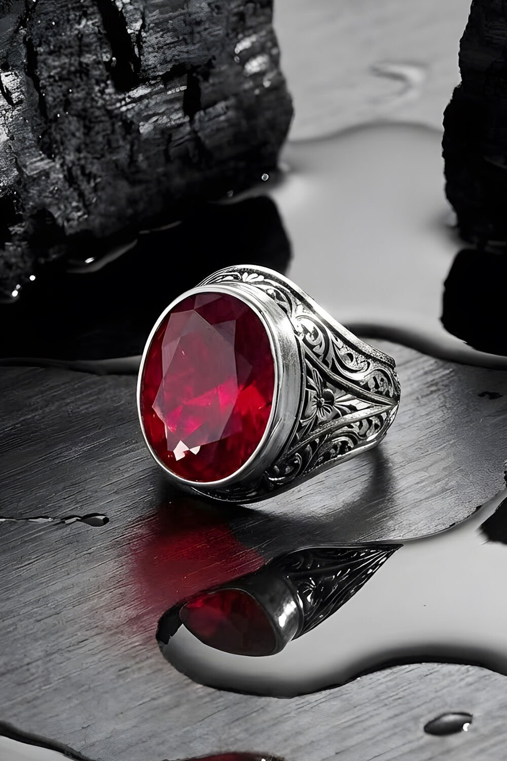 Erzurum Kalem İşçiliği Kalemkar Model Yakut Zirkon Taşlı Erkek Yüzük