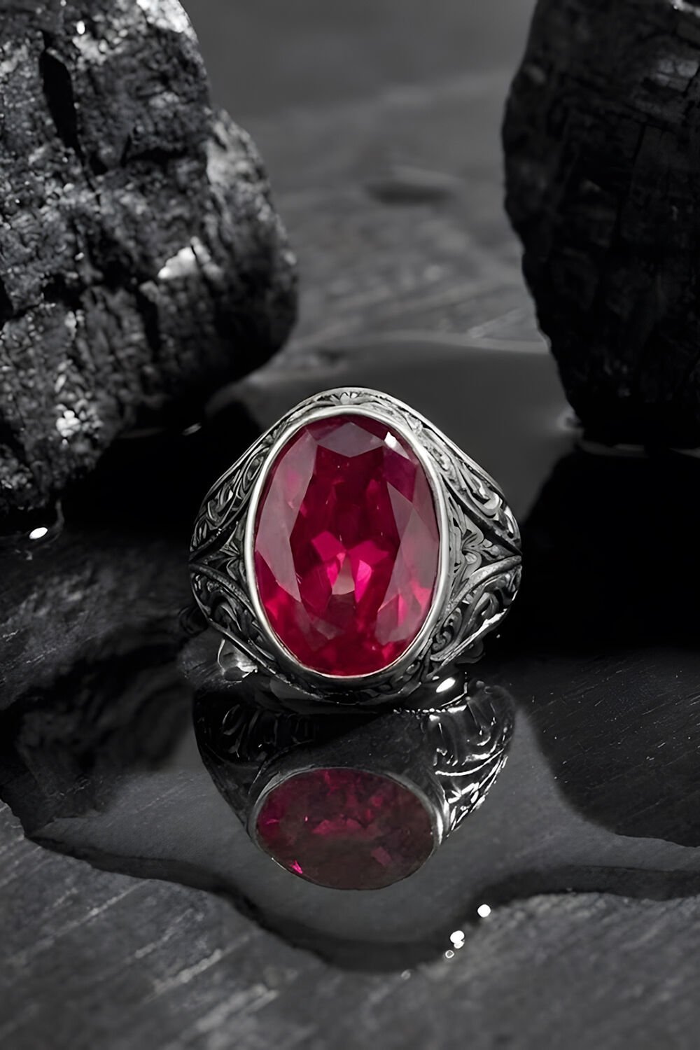 Erzurum Kalem İşçiliği Kalemkar Model Yakut Zirkon Taşlı Erkek Yüzük