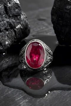 Erzurum Kalem İşçiliği Kalemkar Model Yakut Zirkon Taşlı Erkek Yüzük