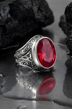 Erzurum Kalem İşçiliği Kalemkar Model Yakut Zirkon Taşlı Erkek Yüzük