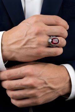 Erzurum Kalem İşçiliği Kalemkar Model Yakut Zirkon Taşlı Erkek Yüzük