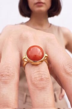 Luna Model Doğal Mercan Taşlı Gümüş Kadın Yüzük 13 - Altın Rengi