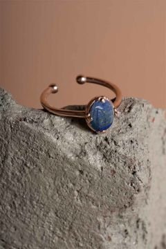 Lapis Lazuli Taşlı Minimal Gümüş Ayarlanabilir Kadın Yüzük Rose Rengi - 11