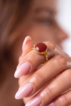 Luna Model Doğal Mercan Taşlı Gümüş Kadın Yüzük 14 - Altın Rengi