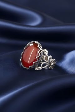 Rumi Model Akik Taşlı El İşi Gümüş Yüzük