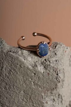 Lapis Lazuli Taşlı Minimal Gümüş Ayarlanabilir Kadın Yüzük Rose Rengi - 15
