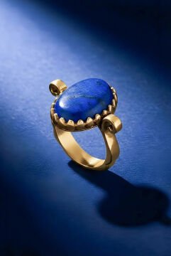 Sade Model Lapis Lazuli Taşlı El İşi Gümüş Yüzük 16 - Altın Rengi