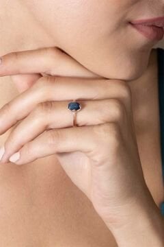 Lapis Lazuli Taşlı Minimal Gümüş Ayarlanabilir Kadın Yüzük Rose Rengi - 9