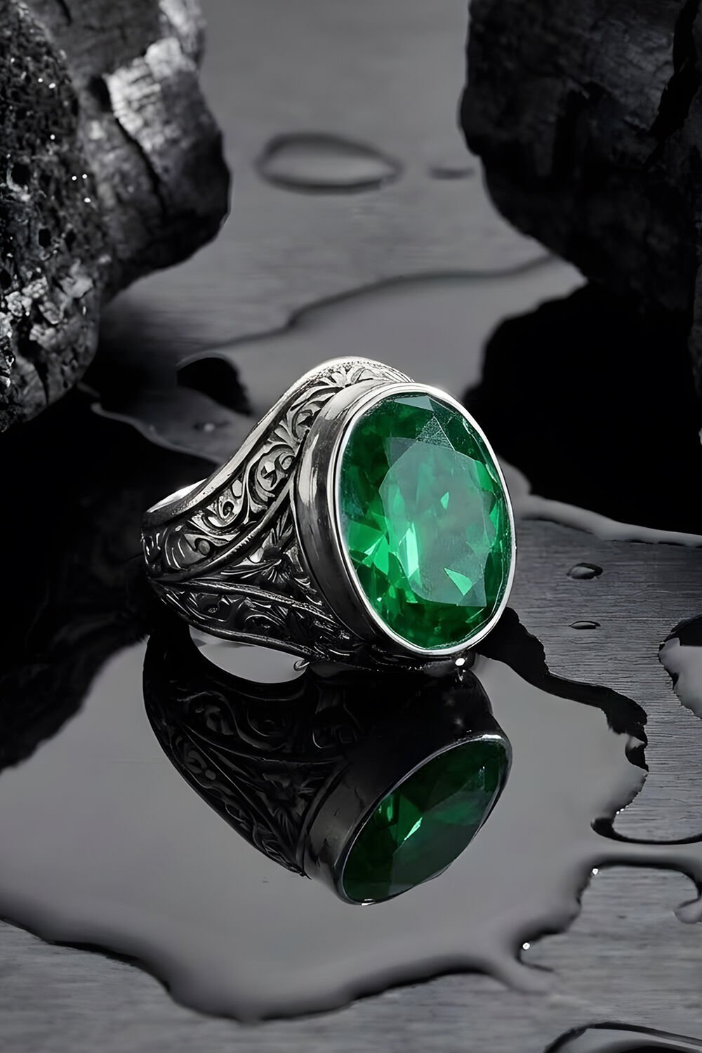 Erzurum Kalem İşçiliği Kalemkar Model Zümrüt Zirkon Taşlı Erkek Yüzük