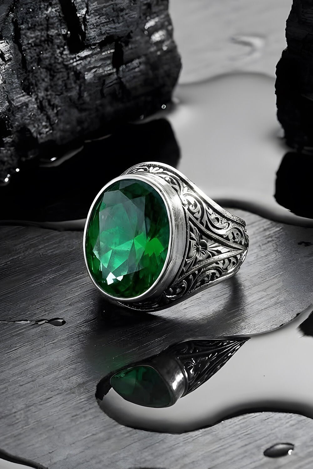 Erzurum Kalem İşçiliği Kalemkar Model Zümrüt Zirkon Taşlı Erkek Yüzük