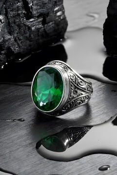 Erzurum Kalem İşçiliği Kalemkar Model Zümrüt Zirkon Taşlı Erkek Yüzük