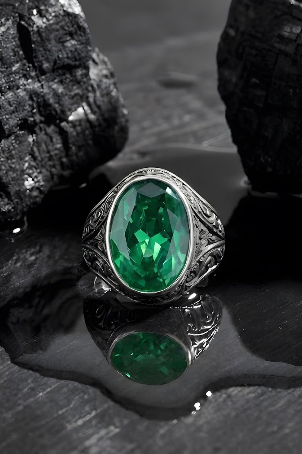 Erzurum Kalem İşçiliği Kalemkar Model Zümrüt Zirkon Taşlı Erkek Yüzük