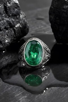 Erzurum Kalem İşçiliği Kalemkar Model Zümrüt Zirkon Taşlı Erkek Yüzük