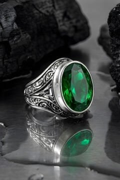 Erzurum Kalem İşçiliği Kalemkar Model Zümrüt Zirkon Taşlı Erkek Yüzük