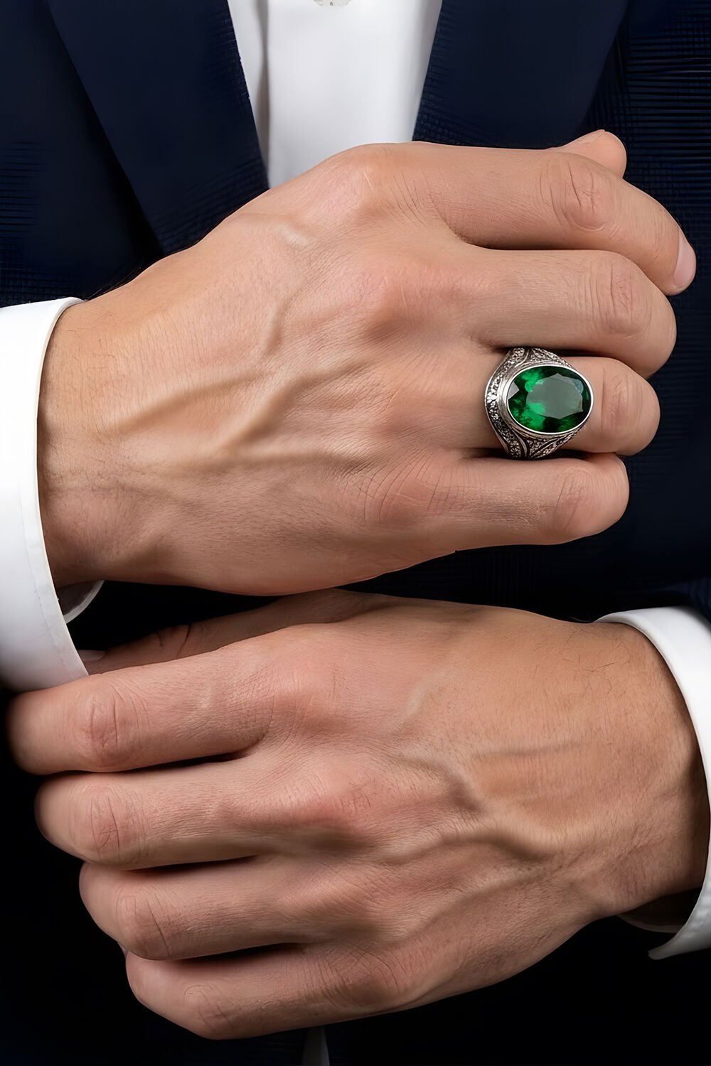 Erzurum Kalem İşçiliği Kalemkar Model Zümrüt Zirkon Taşlı Erkek Yüzük