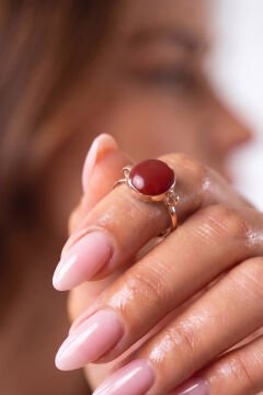 Luna Model Doğal Mercan Taşlı Gümüş Kadın Yüzük 14 - Rose Rengi