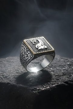 Kare Model Kalem İşleme Üç Hilal ve Bozkurt Yüzük