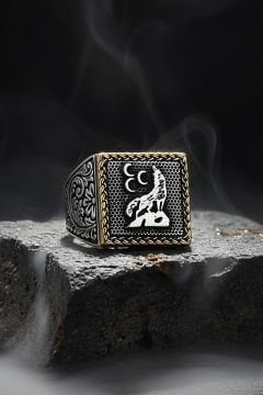 Kare Model Kalem İşleme Üç Hilal ve Bozkurt Yüzük