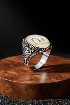 Sedef Taşı Üzerine Kayı Boyu Gümüş Erkek Yüzük