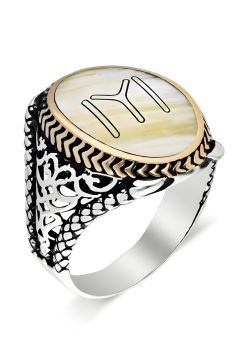 Sedef Taşı Üzerine Kayı Boyu Gümüş Erkek Yüzük