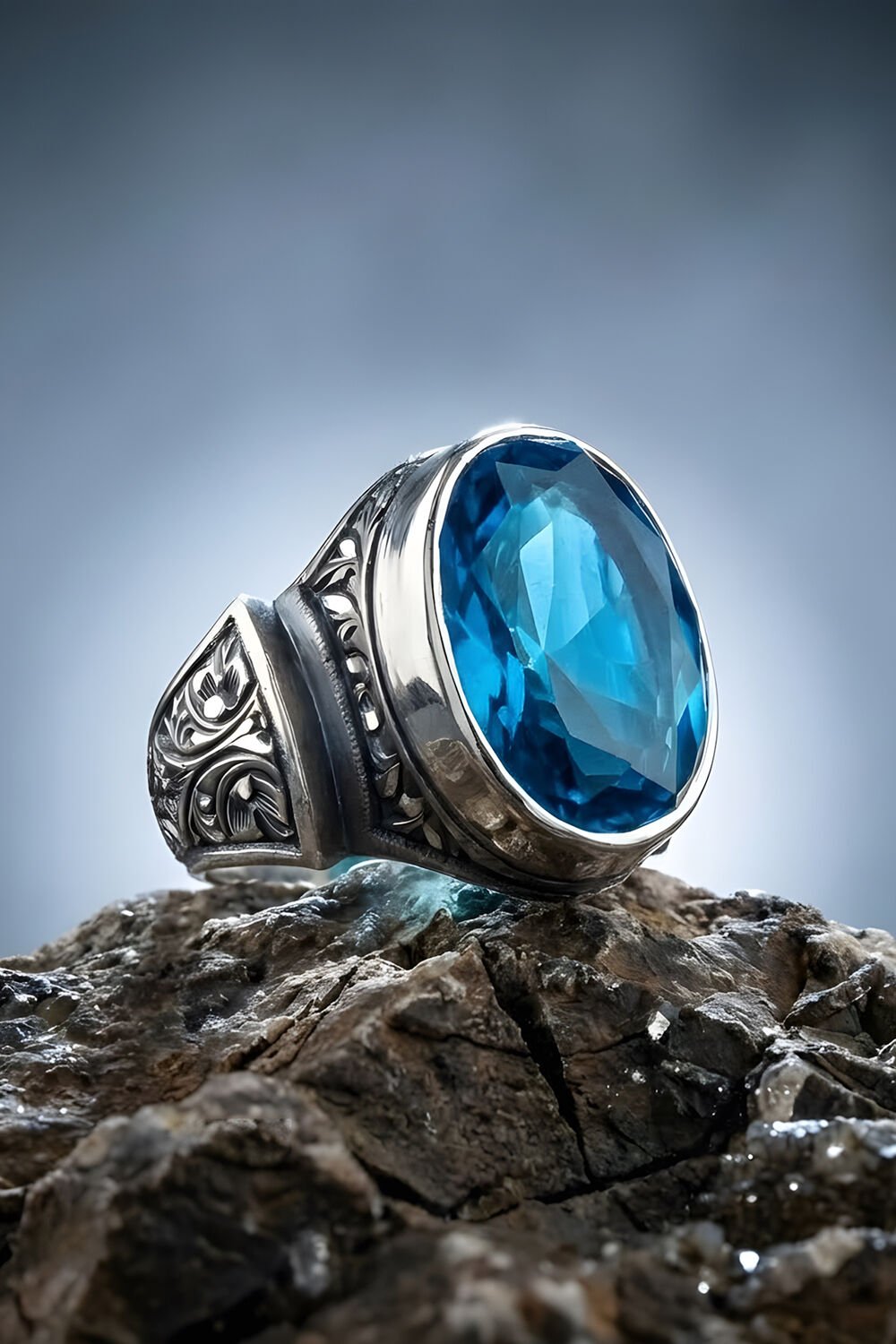 Erzurum Kalem İşçiliği Sultan Model Mavi Topaz Zirkon Taşlı Erkek Yüzük