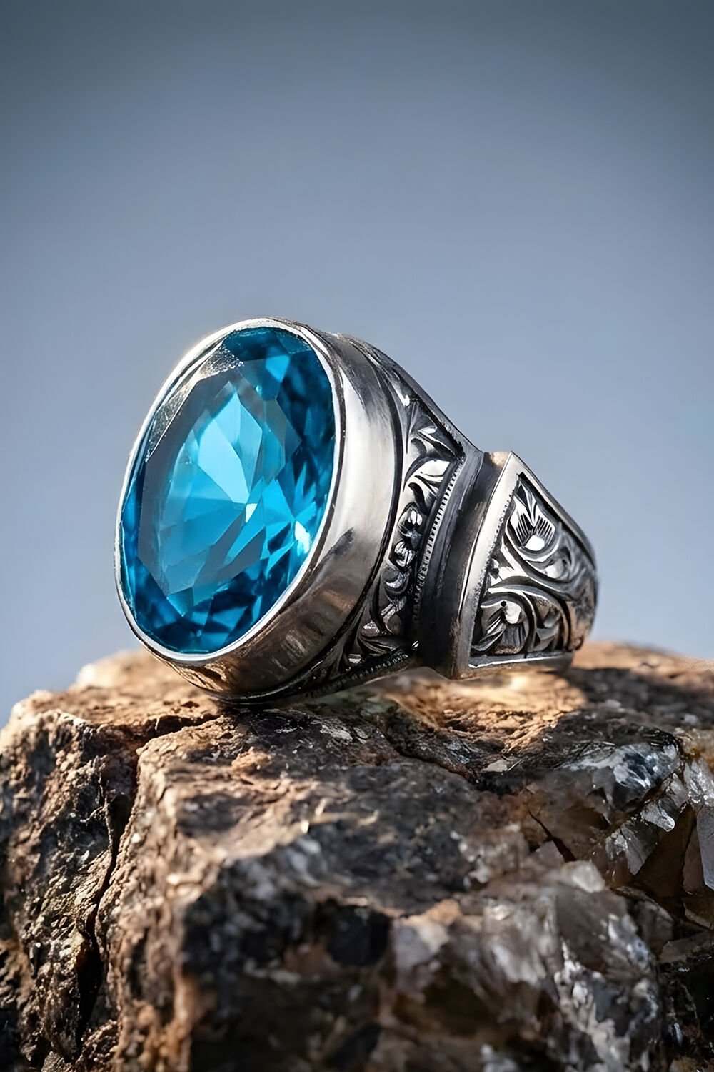 Erzurum Kalem İşçiliği Sultan Model Mavi Topaz Zirkon Taşlı Erkek Yüzük