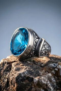 Erzurum Kalem İşçiliği Sultan Model Mavi Topaz Zirkon Taşlı Erkek Yüzük