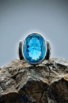 Erzurum Kalem İşçiliği Sultan Model Mavi Topaz Zirkon Taşlı Erkek Yüzük