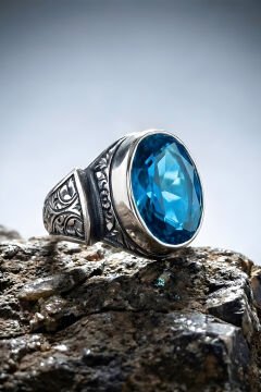Erzurum Kalem İşçiliği Sultan Model Mavi Topaz Zirkon Taşlı Erkek Yüzük