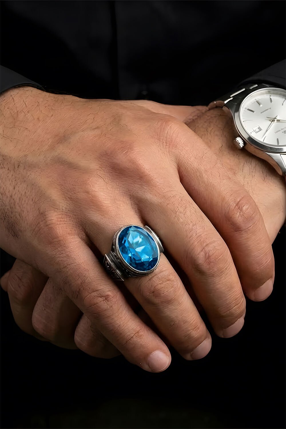 Erzurum Kalem İşçiliği Sultan Model Mavi Topaz Zirkon Taşlı Erkek Yüzük