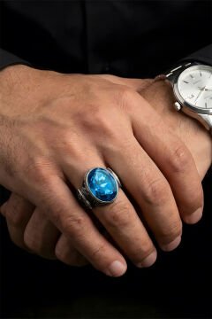 Erzurum Kalem İşçiliği Sultan Model Mavi Topaz Zirkon Taşlı Erkek Yüzük