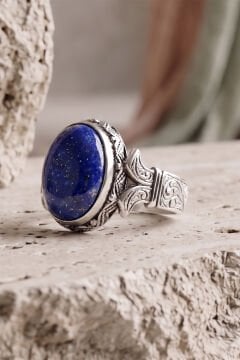 Oval Katre Model Lapis Lazuli Taşlı Gümüş Erkek Yüzük