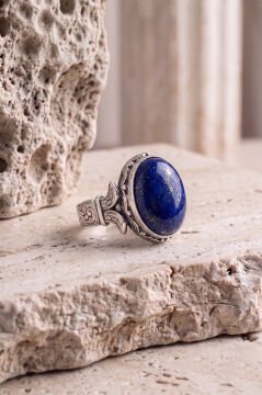 Oval Katre Model Lapis Lazuli Taşlı Gümüş Erkek Yüzük