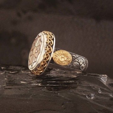 Kalem İşleme 22 Ayar Altınlı Sedef İçine Bağa Kakma Selçuklu Yıldızı El İşi Yüzük