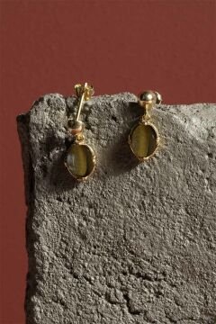 Kaplangözü Taşlı Minimal Gümüş Kadın Küpe Altın Rengi