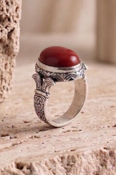 Oval Katre Model Mercan Taşlı Gümüş Erkek Yüzük