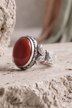 Oval Katre Model Mercan Taşlı Gümüş Erkek Yüzük