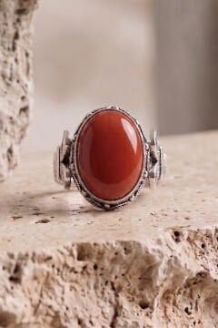 Oval Katre Model Mercan Taşlı Gümüş Erkek Yüzük