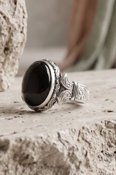 Oval Katre Model Oniks Taşlı Gümüş Erkek Yüzük