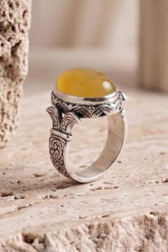 Oval Katre Model Sarı Akik Taşlı Gümüş Erkek Yüzük
