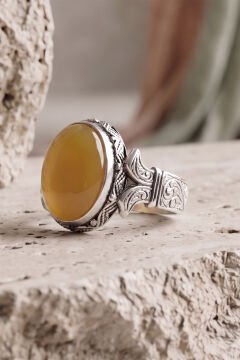 Oval Katre Model Sarı Akik Taşlı Gümüş Erkek Yüzük