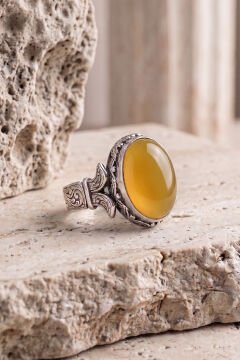 Oval Katre Model Sarı Akik Taşlı Gümüş Erkek Yüzük