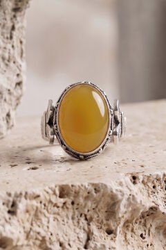 Oval Katre Model Sarı Akik Taşlı Gümüş Erkek Yüzük
